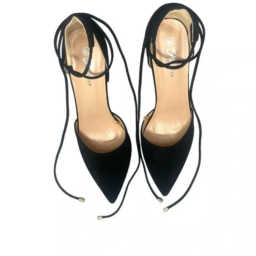 Black Pointy Toe High Heels with Crisscross Ankle Straps - 4 Inch Heel- Forever